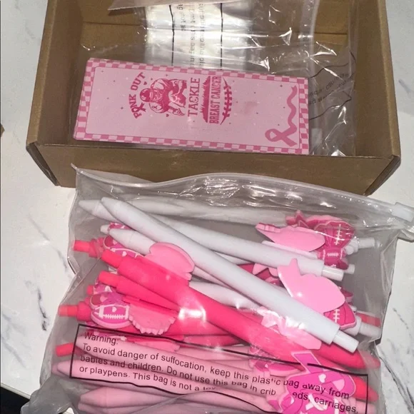 24 Sets Breast Cancer Awareness Football Pink Ribbon Ballpoint Pens With Card - Picture 2 of 2